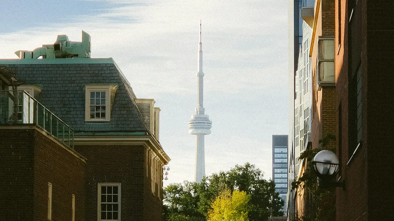 An image of the CN tower seen from Liberty Village after moving to liberty village.