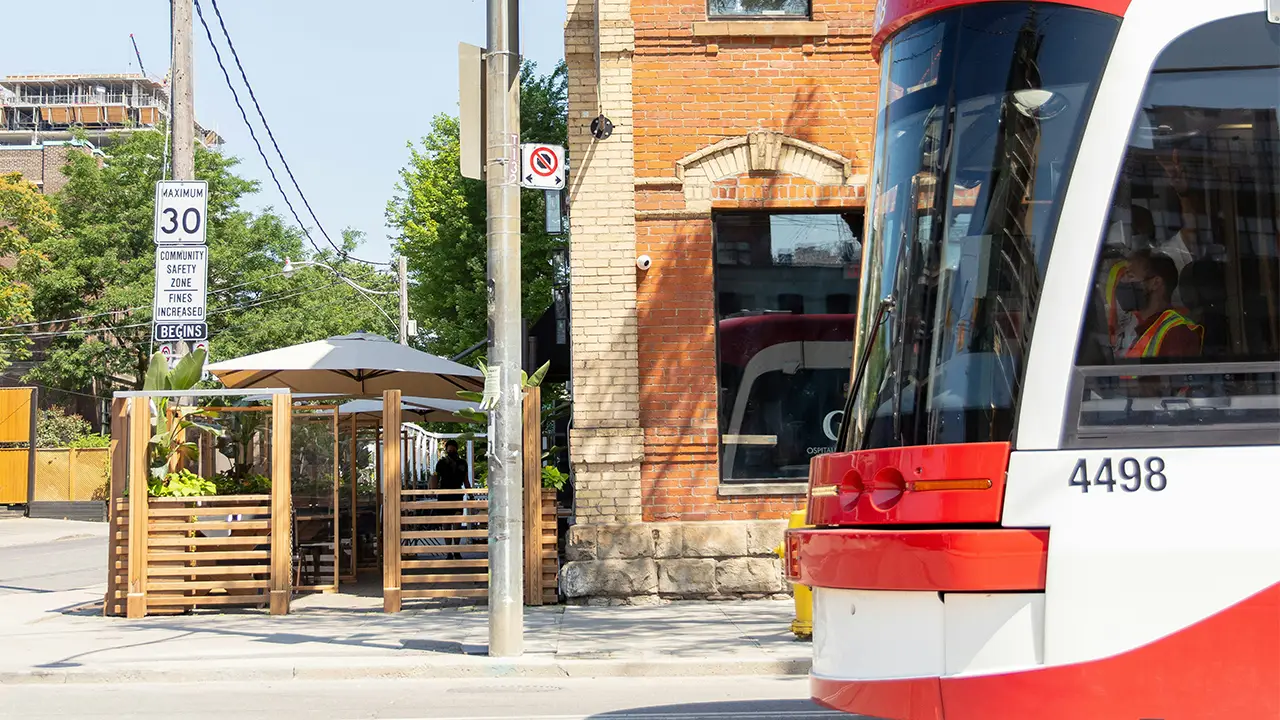 An image of a Toronto streetcar travelling between Liberty Village and King West.