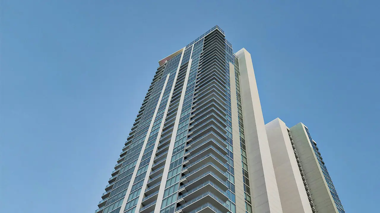 An image looking up at a condo in Liberty Village. One of the better investments in Liberty Village.