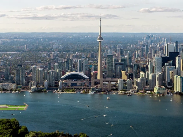 An aerial image of Toronto showcasing the skyline from Toronto Island