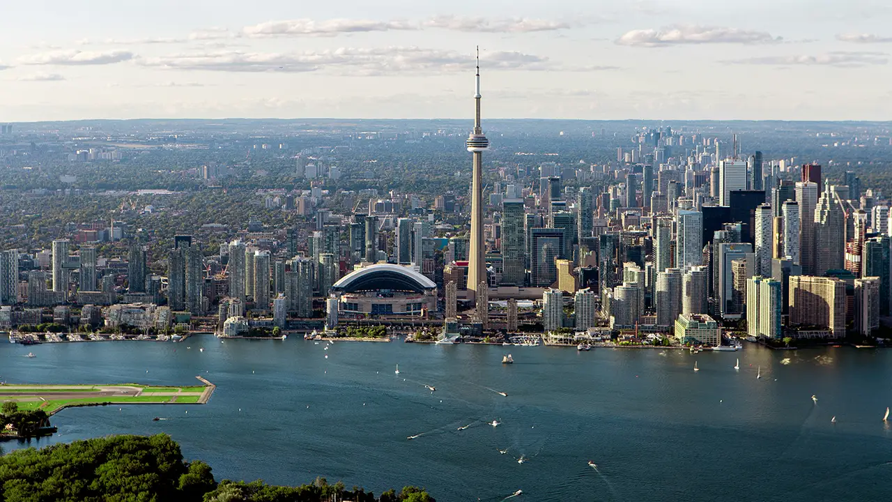 An aerial image of Toronto showcasing the skyline from Toronto Island